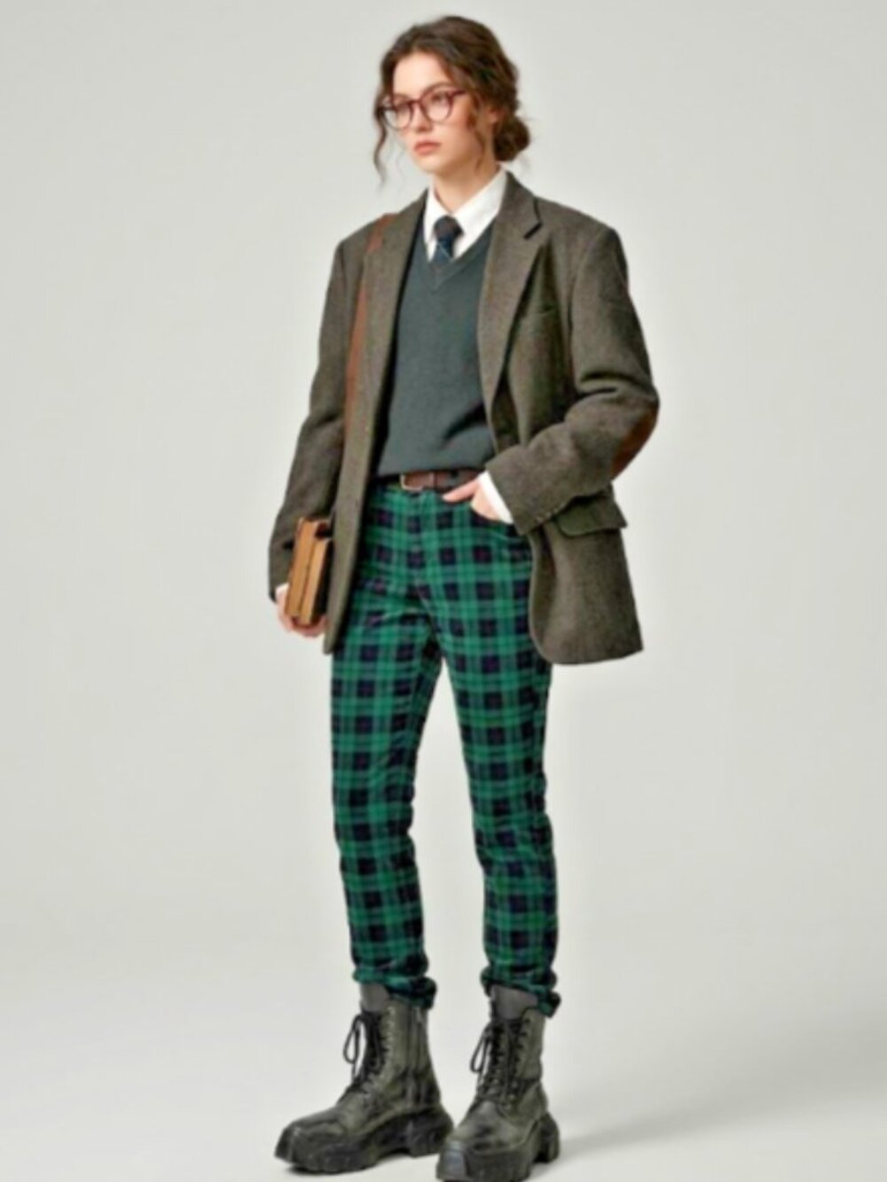 Talbots 8P Velveteen Straight Leg Pants Plaid Green/Black Blend Dark Academia